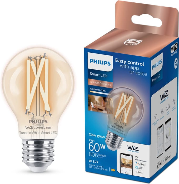 Philips Smart LED Lamp Filament - Slimme LED-Verlichting - Warm- tot Koelwit Licht - E27 - 60W - Transparant - Wi-Fi