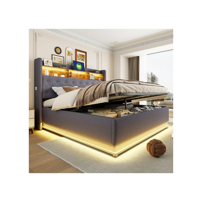 Lit rembourré - MUVOE - 180 x 200 cm - LED multicolores - Prise USB - Rangement hydraulique gris
