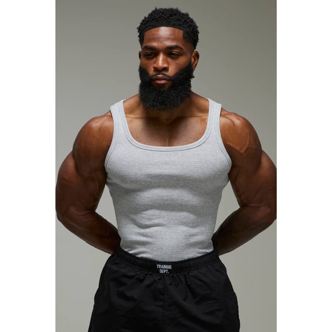 Heren Active Gym Muscle Fit Geribbelde Vest | Grey Marl | Size Medium