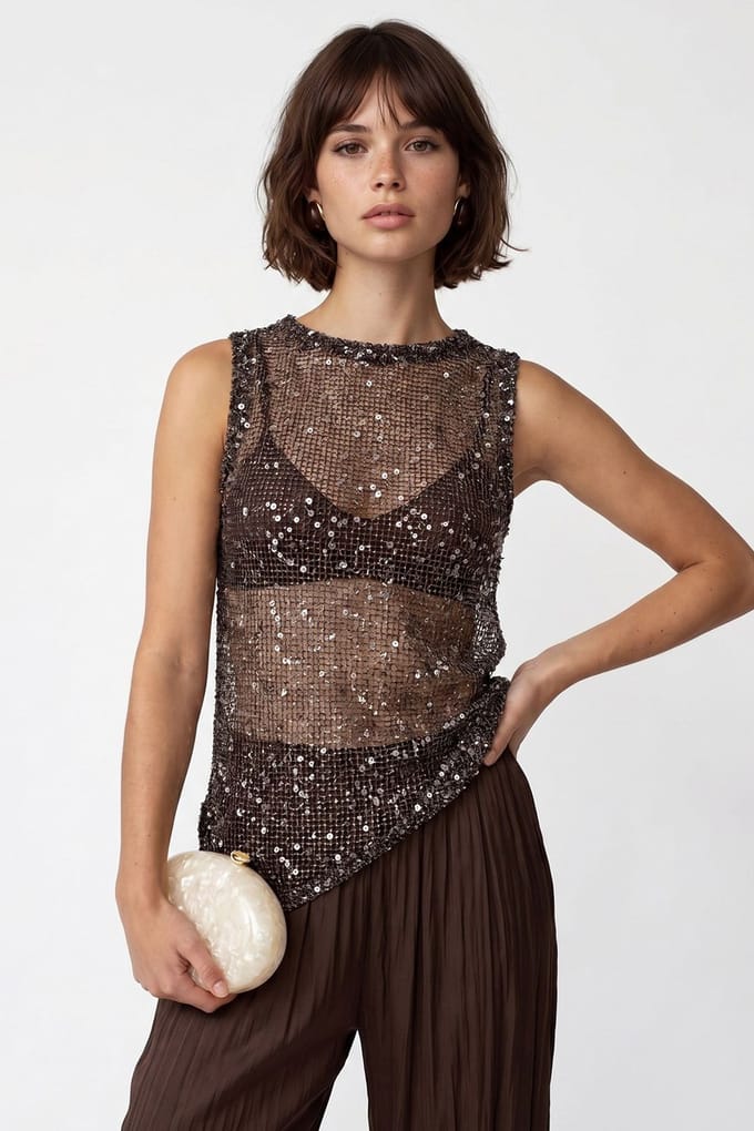 Pailletten Mouwloze Ronde Hals Blouse