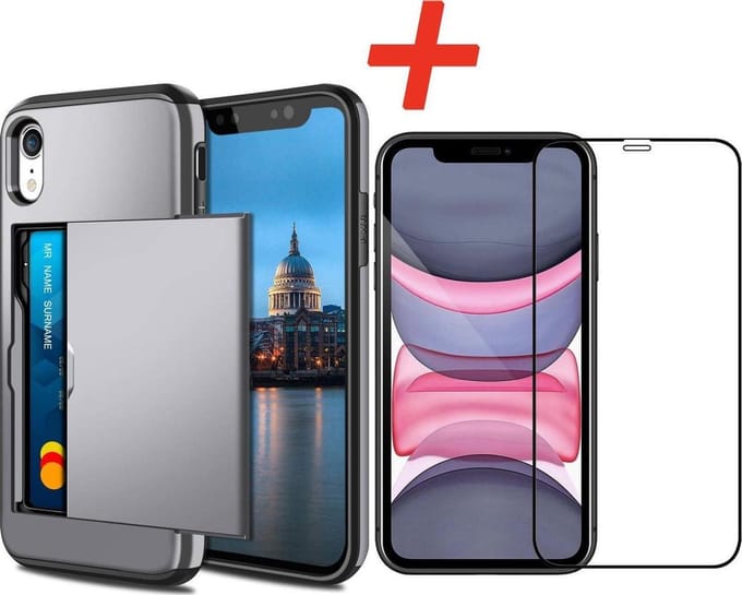 Pasjeshouder geschikt voor Apple iPhone XR - Grijs - met Glazen Screenprotector