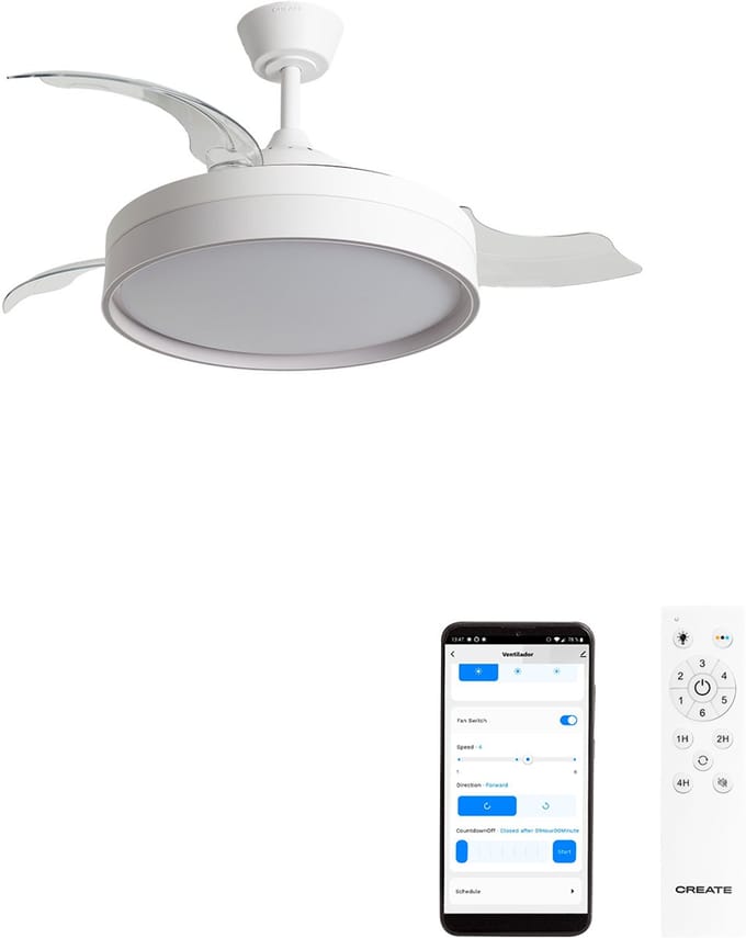 CREATE - Stille plafondventilator 40 W Ø107 cm met intrekbare bladen en LED-licht - M - Met licht - WIFI - WIND CLEAR EDGE