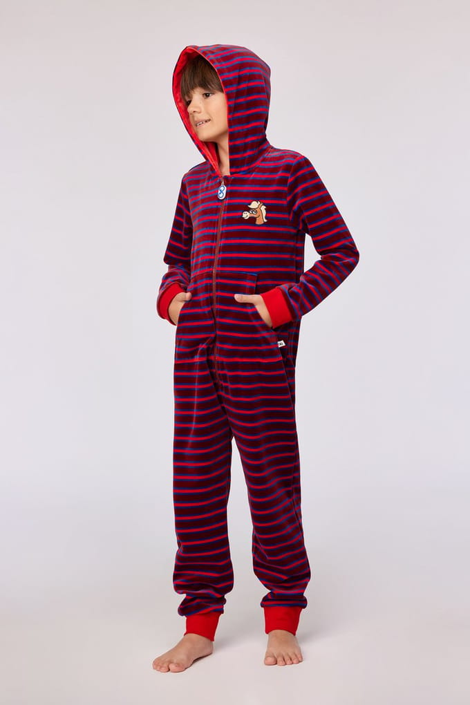 Woody onesie velours unisex - rood gestreept - pony - 252-10-ONE-V/919 - maat 176