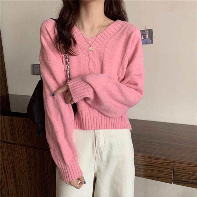 Dames Pullover met V-hals Effen Draad Wollen Lange Mouw Zachte Lente Herfst Gebreide Top XL roze