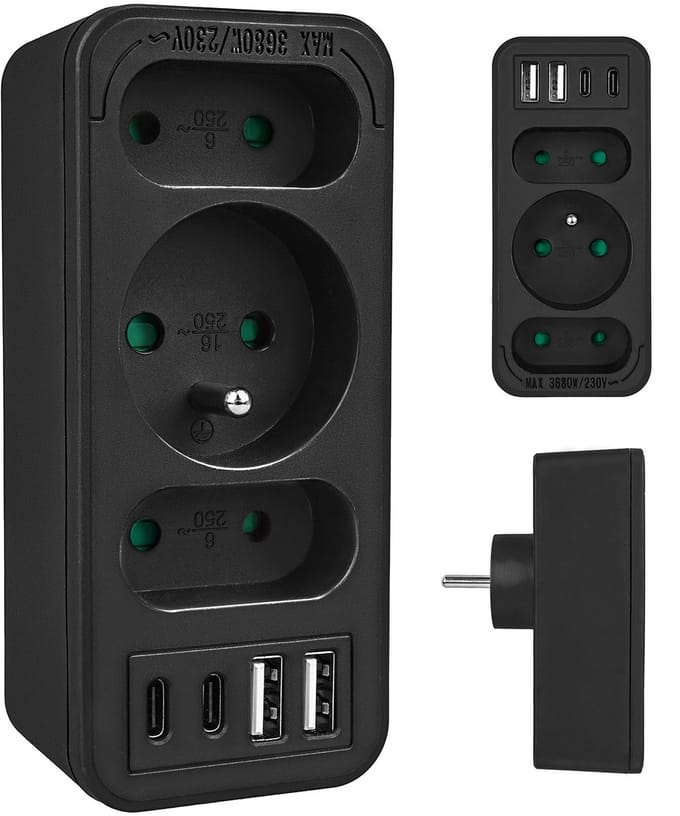 Maclean MCE248 F/B - Stekker - 3-voudige splitter 2x USB-A 2x USB-C - Zwart