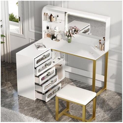 Kaptafel met kruk, HD-spiegel en verstelbare ledverlichting, stopcontact, 5 lades, wit