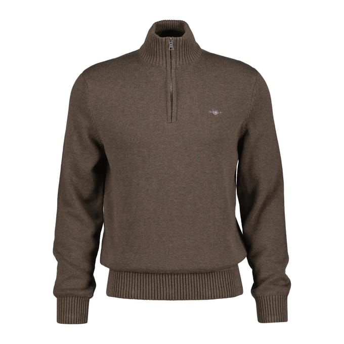 Gant Trui Casual Cotton Half Zip Rib Endings Dark Hazelnut Melange / male