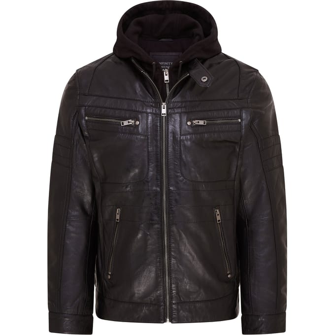 Zwart leren bikerjack met capuchon voor heren - Stavern