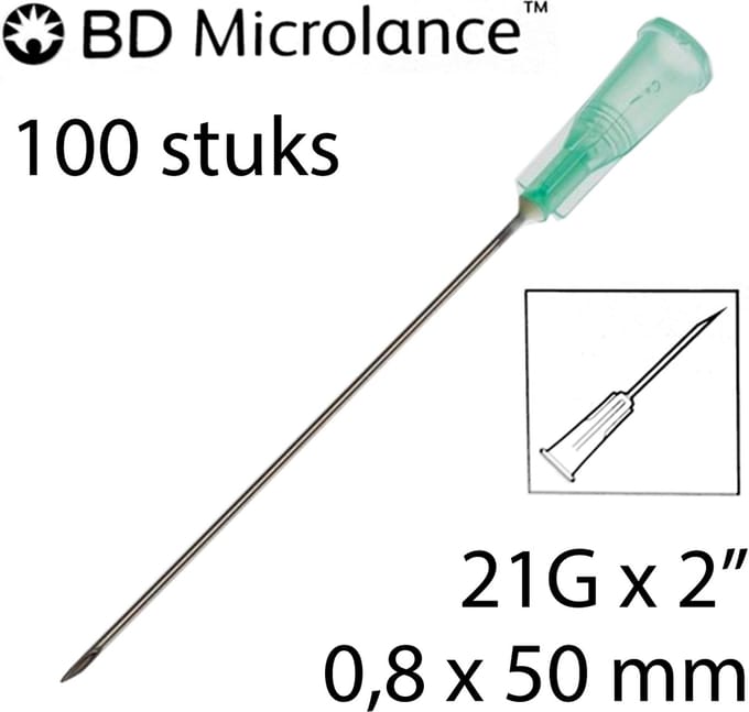 BD Microlance - Injectienaald - 0,8 x 50mm - 100 st. - Groen - 21G x 2" (Steriele naalden)