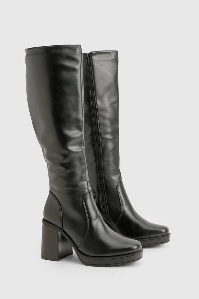 boohoo Dames Kniehoge Platform Block-Hoekhiel Laarzen | Zwart | Maat: 41