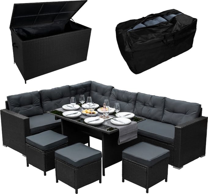 Jardí rattan hoekset & kussenopbergbox - zwart - 9-zits - uv-bestendig