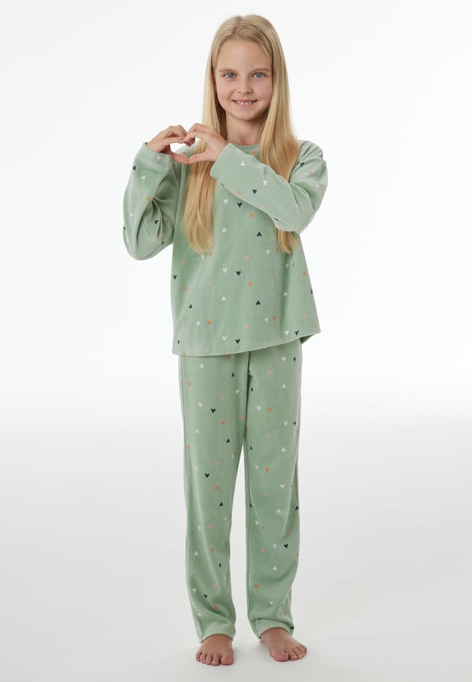 Lange pyjama van velours met hartjes, pastelgroen - Nightwear 152
