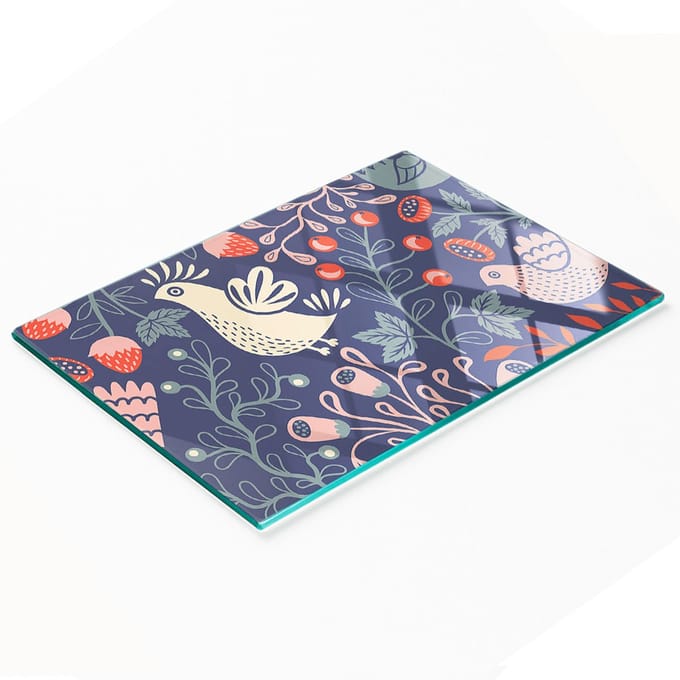 Glazen snijplank met afbeelding van een plant, kip en uil, 80x52 cm