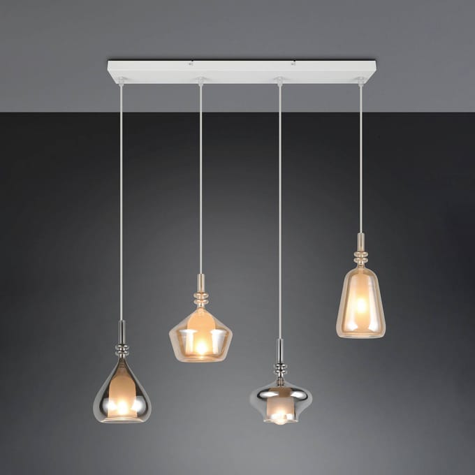 Trio Lighting Hanglamp Aldea, lengte 65 cm, wit/amber/chroom glas, 4-lamps.