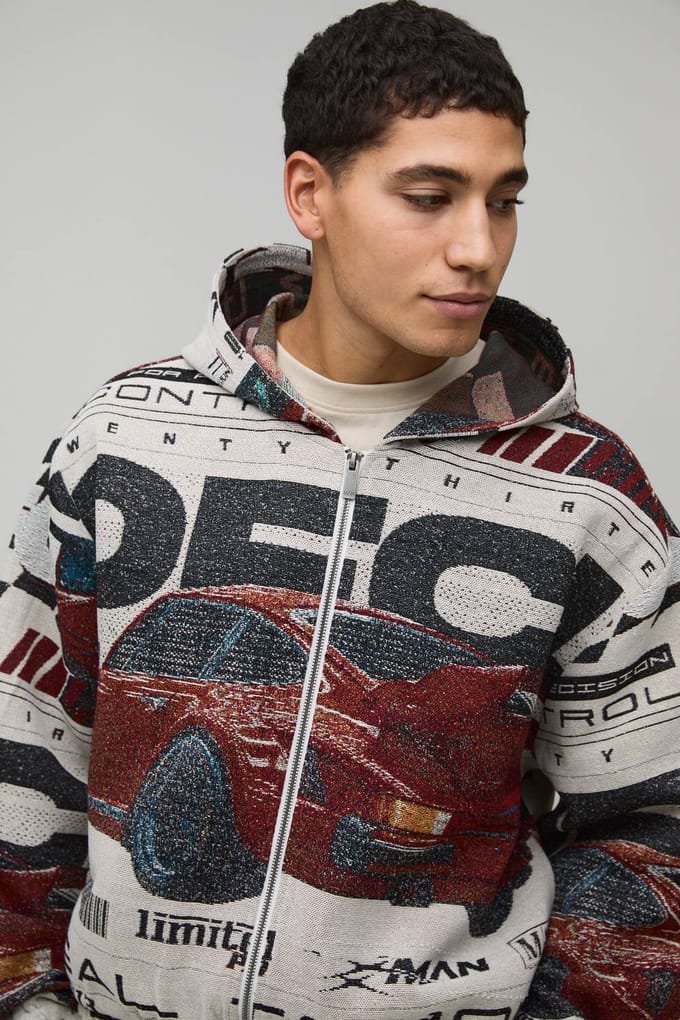 Oversized Boxy Moto Tapestry Hoodie | Red | Size Medium