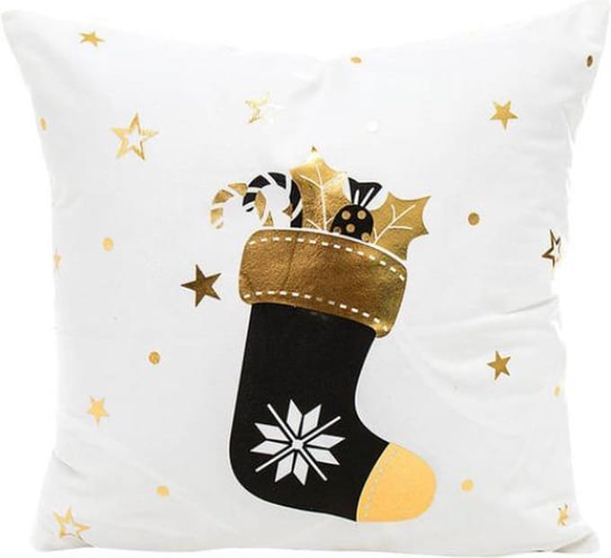 cadeau tip - Kerst kussenhoes - kerst kussen - wit met goud/zwarte sok