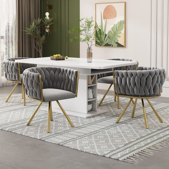 MODFU Stoel set van 4, fluweel gestoffeerd, 360° draaibaar, ergonomisch, stalen vierpoten, grijs/goud