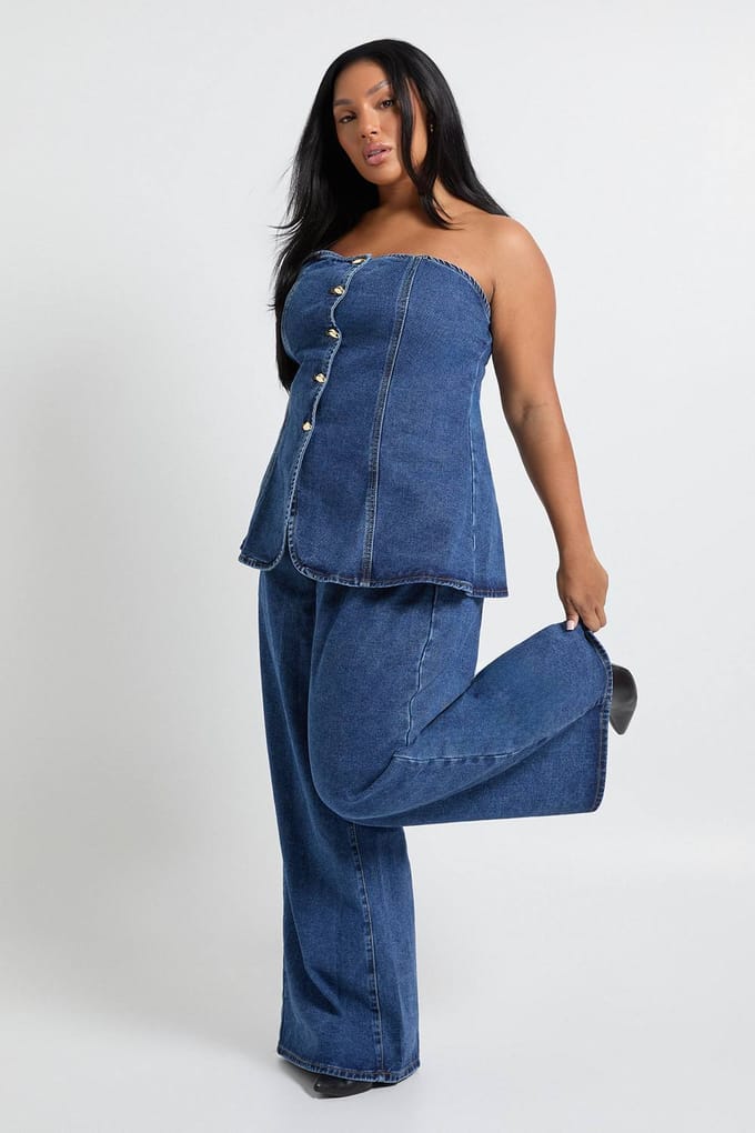 boohoo Dames Plus Mid Rise Wide Leg Jean | Indigo | Maat: 16
