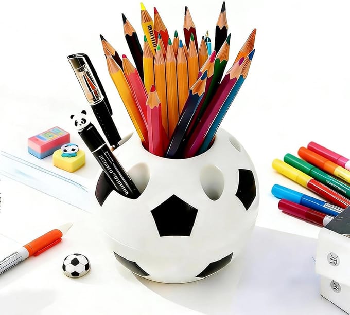 Pennenhouder Voetbal - Bureau organizer - Bureau opruimen - Realistisch design - 10.5 cm diameter - Zwart-wit