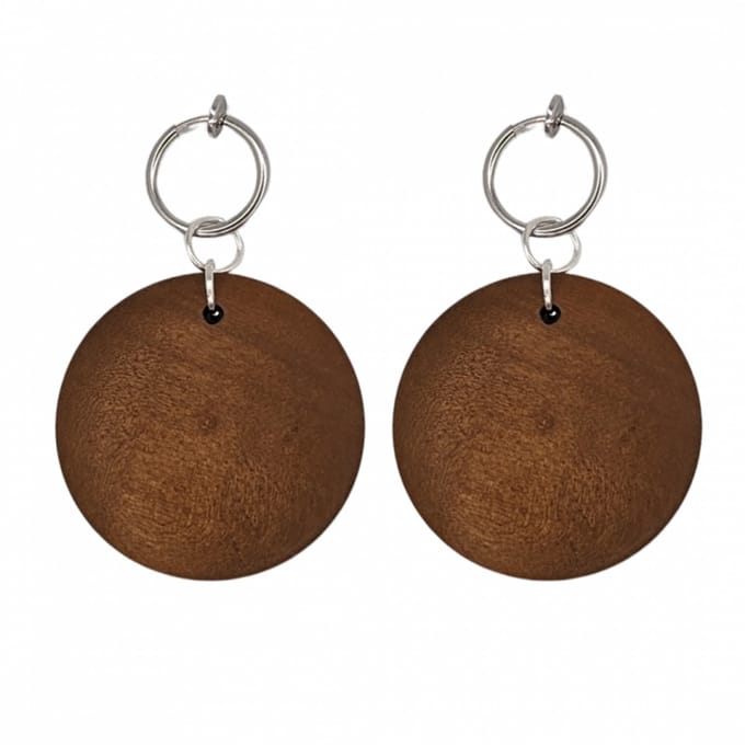 Klem oorbellen donker bruin hout 3 cm
