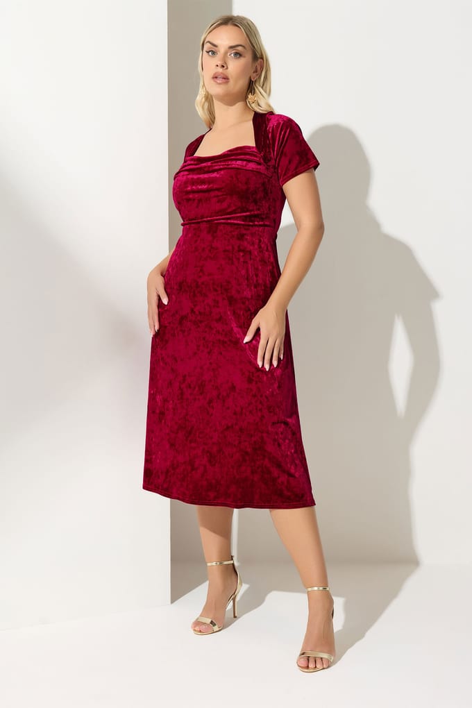 Yours London Rode Fluwelen Midijurk Met Vierkante Hals Size 52