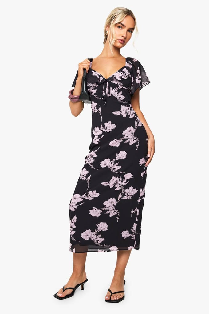 boohoo Dames Bloemenchiffon Plunge Maxi-jurk | Zwart | Maat: 36