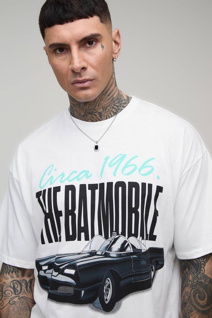 Tall The Batmobile Oversized License Print T-Shirt | White | Size Small