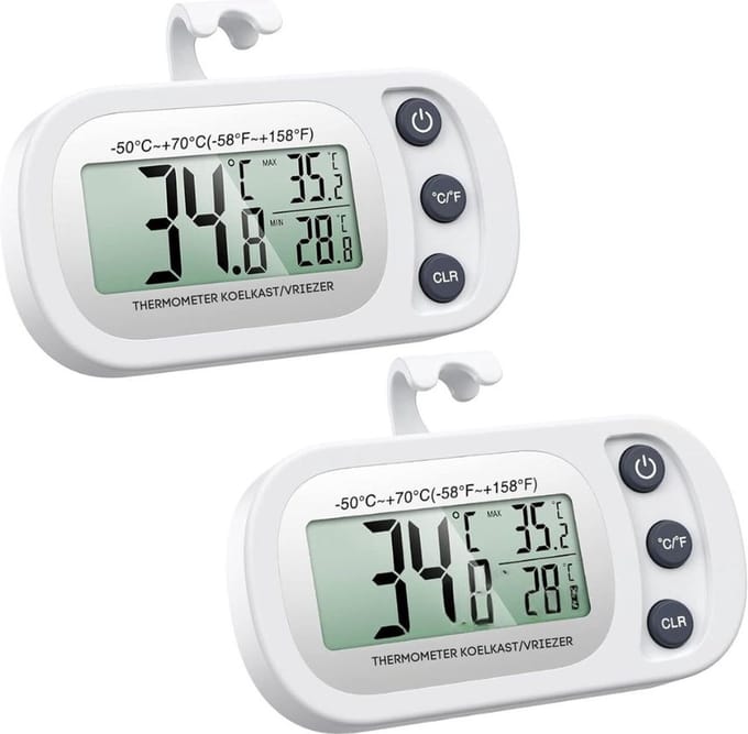 DD® Koelkast Thermometer - Analoog Koelkast - Keukenthermometer - 13x10x3cm - 2 Stuks - Wit