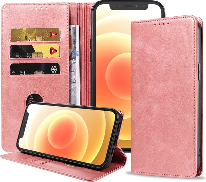 Smartphonica iPhone 12 Mini leren hoesje met magnetische sluiting - Roze geschikt voor iPhone 12 Mini