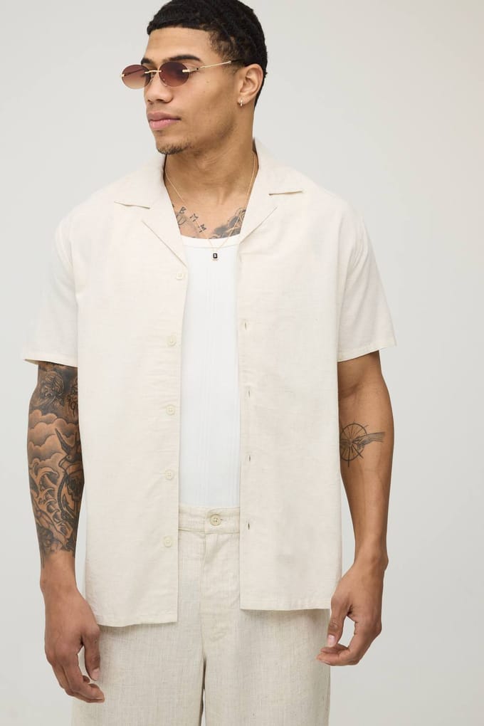 Regular Fit Linnen Blend Overhemd Met Korte Mouwen | Natural | Size 2XL