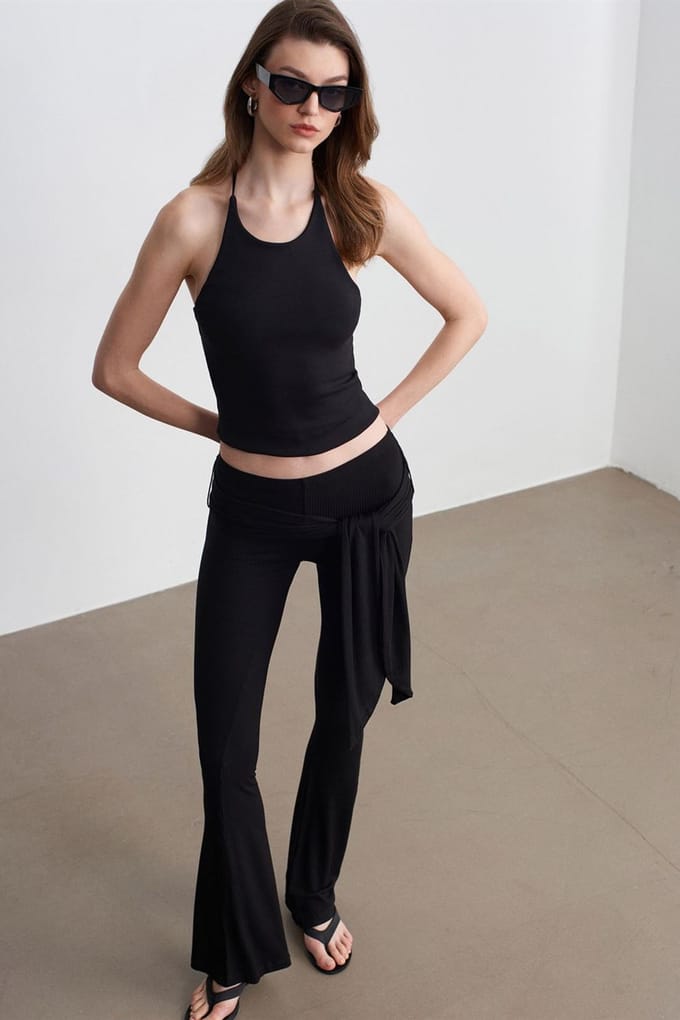 Hoge Taille Flared Jersey Broek met Strikdetail