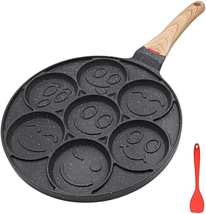 DYNA®Smiley Face Pannenkoekenpan - Antiaanbaklaag - 7 Gaten - Mini Pannenkoekmaker - Zwart - 45cm x 26cm x 2cm