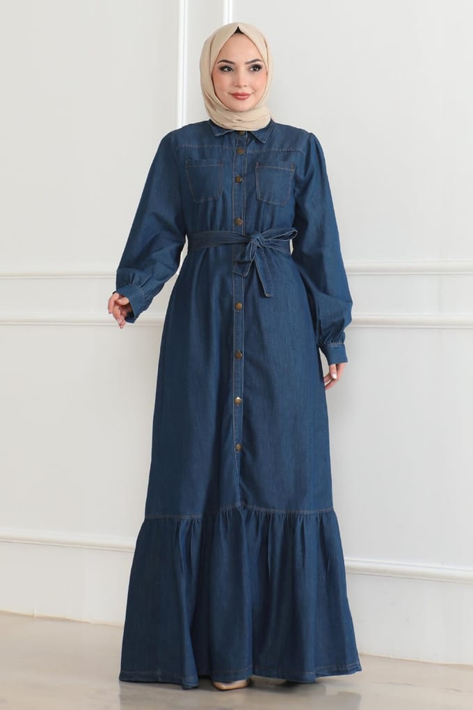 Ruche Detailed Denim Jurk Donkerblauw