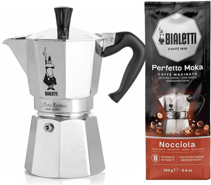Bialetti Moka Express 2 kops + Bialetti Hazelnoot gemalen koffie 250gr