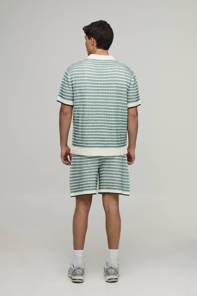 Ontspannen Gebreid Shirt En Short Set Met Open Steek En Strepen | Green | Size Medium
