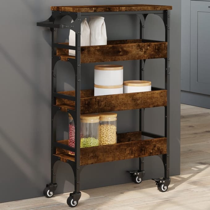vidaXL - Keukentrolley - 53x20x76 - cm - bewerkt - hout - gerookt - eikenkleurig