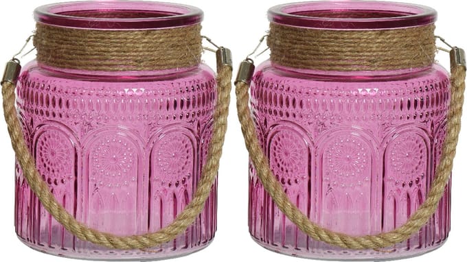 Lumineo windlichten/lantaarns relief - 2x - glas - D14 x H16 cm - roze