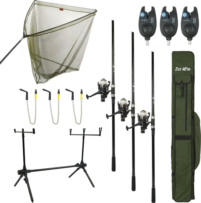 FISH XPRO - Karperset -Improve Deluxe - 3 Hengels compleet - Karpernet - Rodpod -Beetmelders
