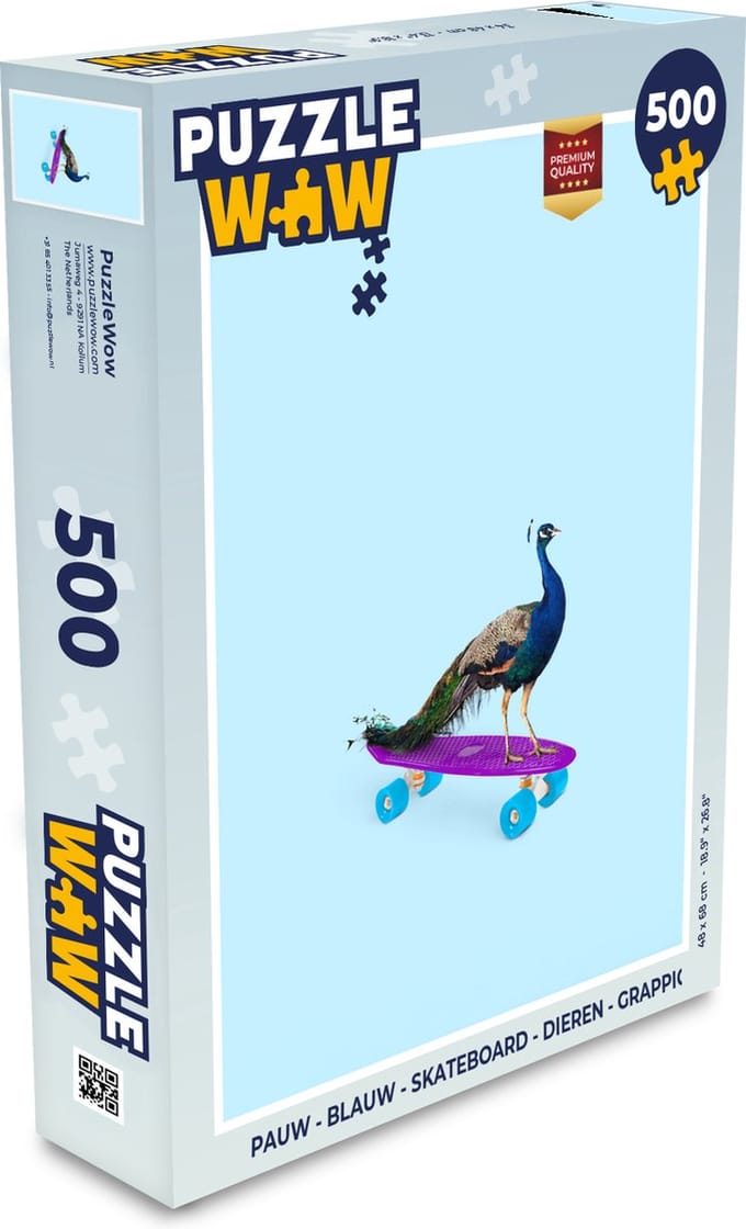 Puzzel Pauw - Blauw - Skateboard - Dieren - Grappig - Legpuzzel - Puzzel 500 stukjes