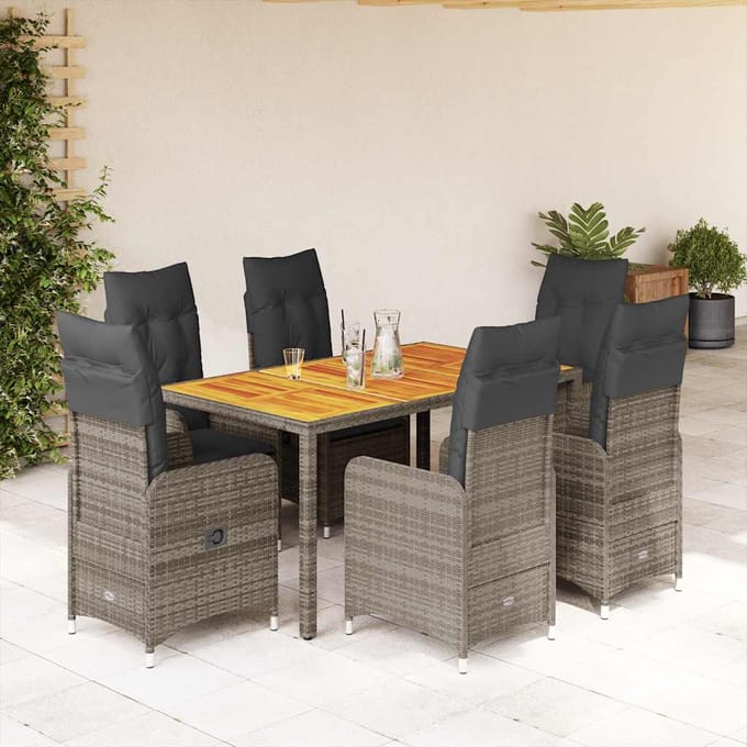 vidaXL - 7-delige - Bistroset - met - kussens - poly - rattan - grijs