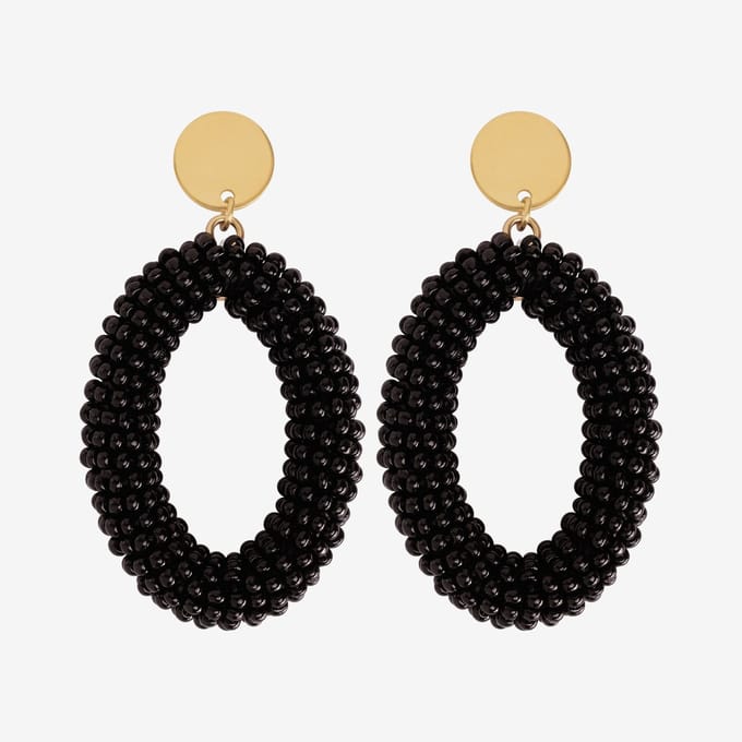 Eleganza Black Beads Oval Earrings Gold
