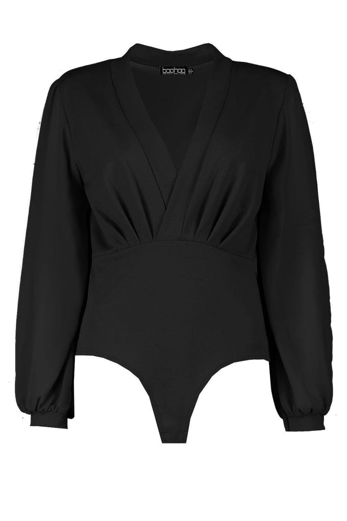 boohoo Dames Wrap Chiffon Sleeve Bodysuit | Black | Maat: 8