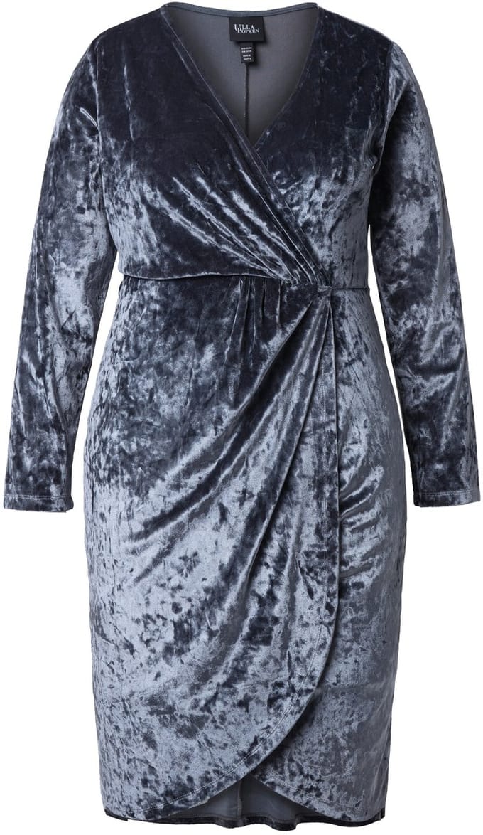 Ulla Popken - Dames - Midi-jurk van fluweel wikkellook V-hals lange mouwen - Leisteen - Maat 42