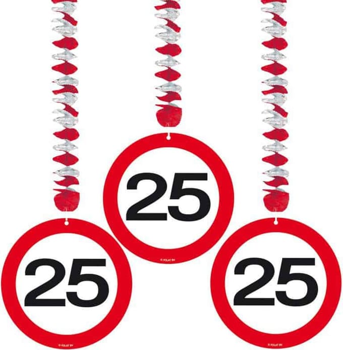 25 Jaar Verkeersbord Hangdecoratie - 3 stuks