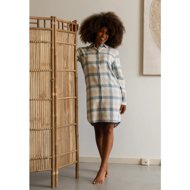 By Louise Dames Pyjama Nachthemd Lang Flanel Geruit Blauw - Maat M