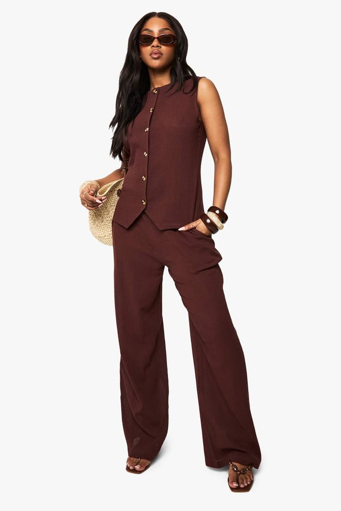 boohoo Dames Crinkle Textured Wide Leg Trousers | Chocolate | Maat: 6
