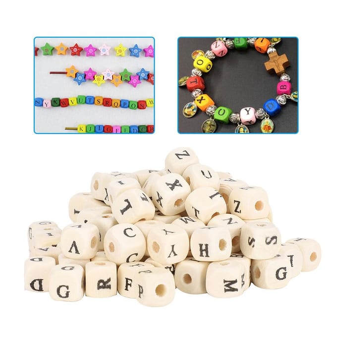 200pcs 10mm Perles de Bijoux DIY Lettre Imprimée Cube Blanc Perles d'Artisanat en Bois beige