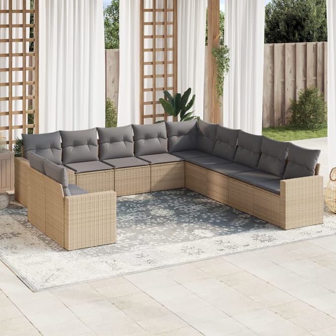 vidaXL - 11-delige - Tuinset - met - kussens - poly - rattan - beige