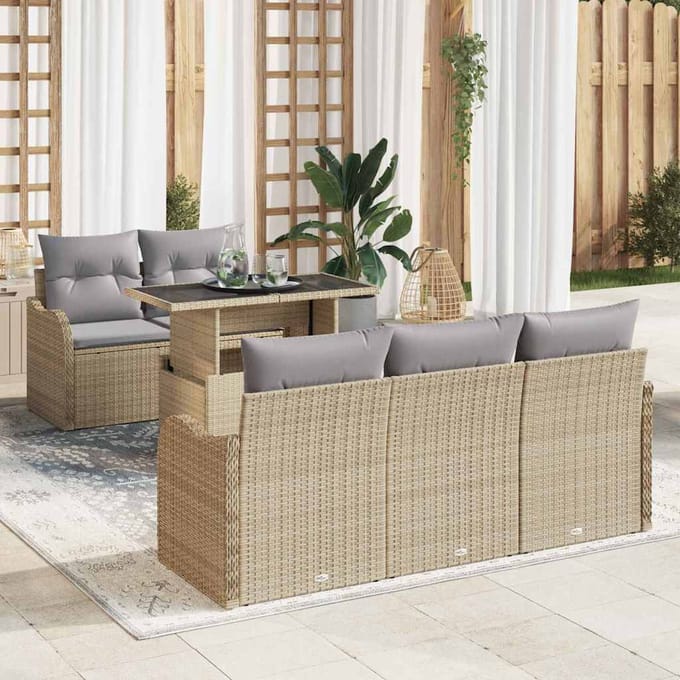 vidaXL Tuinbank Set met kussen met kussen 6 pcs Beige Poly Riet