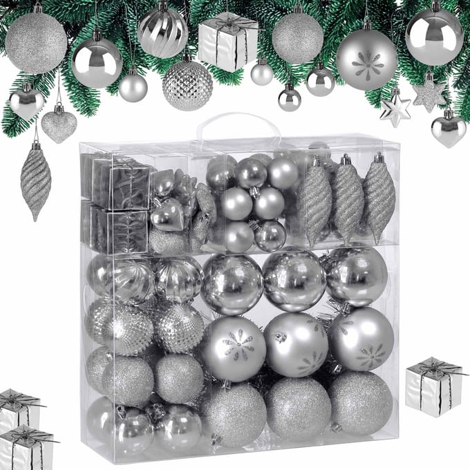 Deuba Kerstboomballen - Set van 103 Kunstof Mat Glanzend - Zilver
